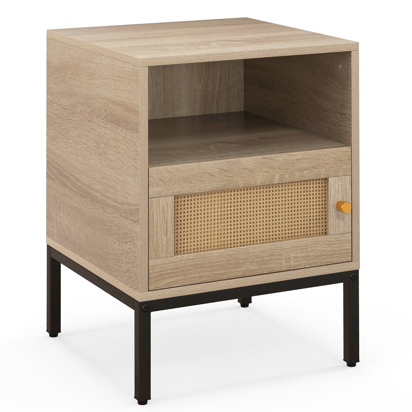 Home Boho Style Nightstand Accent Table with Open Shelf and Door Cabinet-Natural