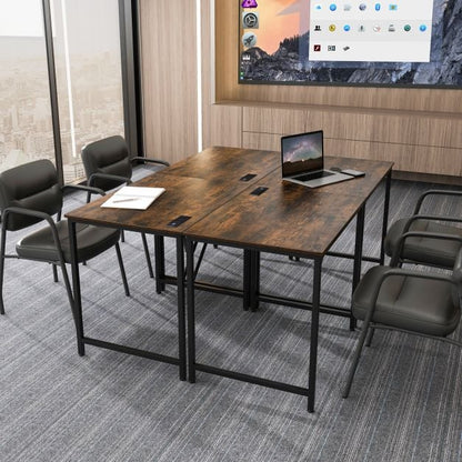 Home Office Desk with Charging Station and Storage Bag-Brown