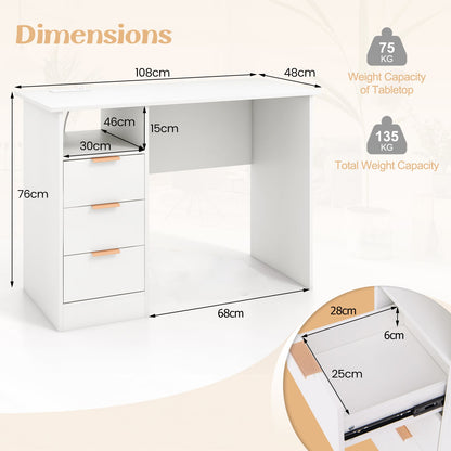 Home Office Desk with Power Outlet and 3 Storage Drawers-White