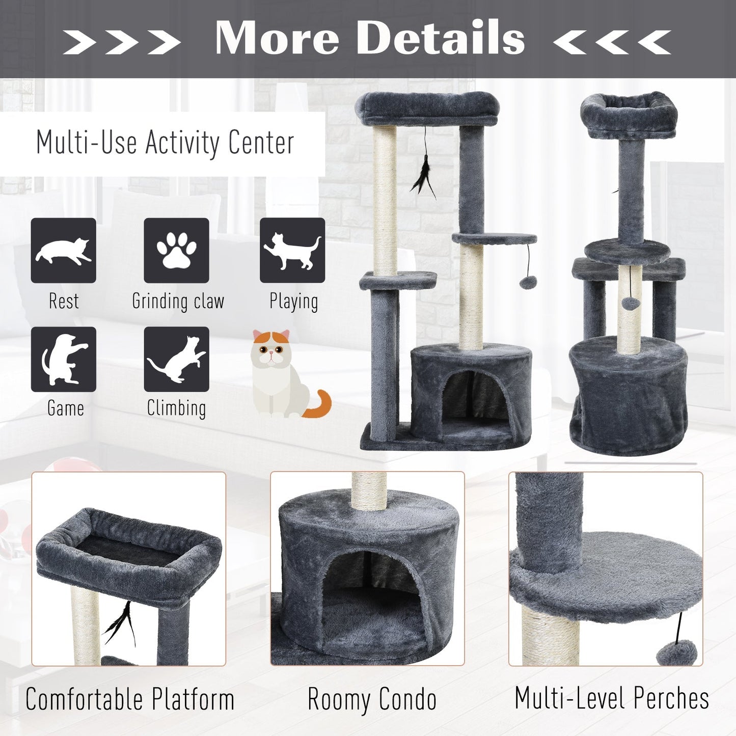 PawHut Cat Multi-Activity Tree Tower w/ Perch House Scratching Post Platform Play Ball Plush Covering Play Rest Relax Grey White