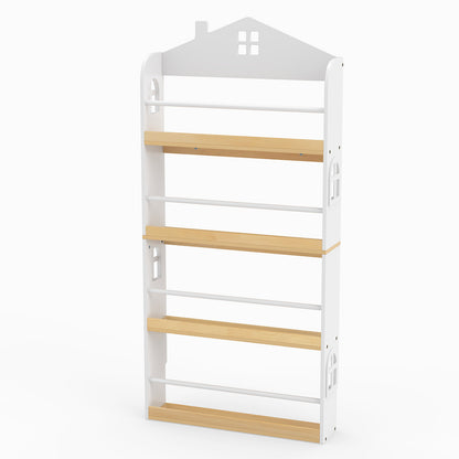 House-Shaped Kids Bookshelf 4-Tier Wooden Book Display Rack with Anti-falling Baffles-White
