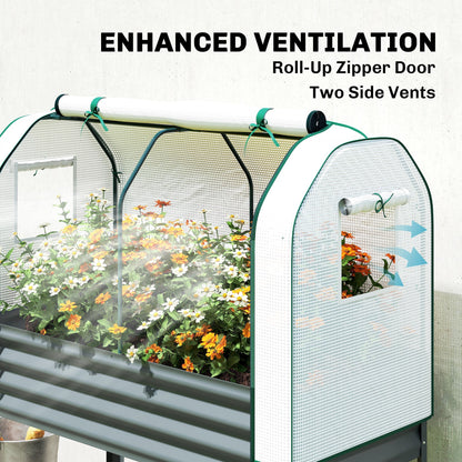Outsunny Galvanised Raised Planter with Greenhouse Cover, Metal Raised Garden Bed on Legs with Bed Liner and Bottom Shelf