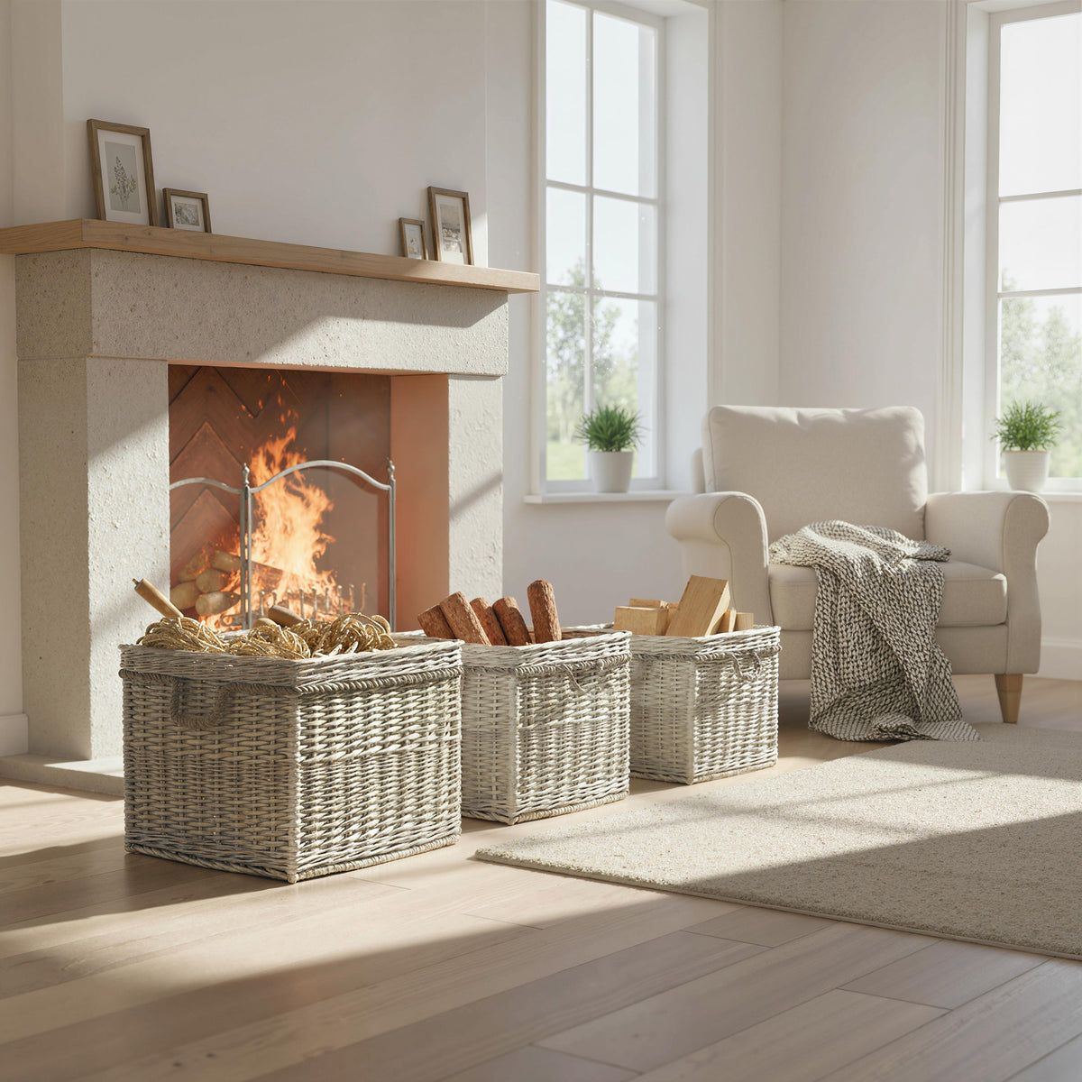 Outsunny Set of 3 Log Baskets for Wood Burner Indoor, Storage Basket with Lining and Rope Handles, Wicker Basket for Fireside Storage, Blankets, Beige