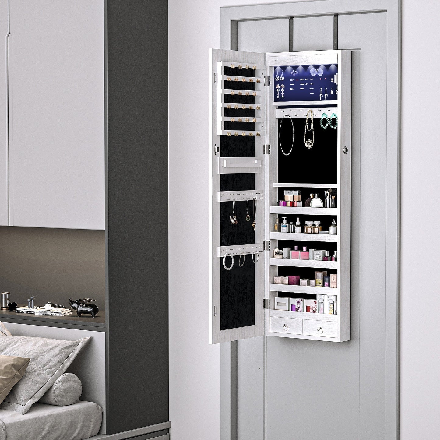 HOMCOM Jewelry Cabinet with Mirror and LED Lights, Lockable Makeup Cosmetics Jewellery Organiser, Mirror with Storage for Bedroom Dressing Room, White