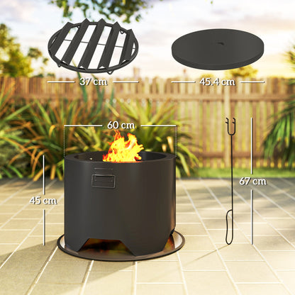 Outsunny Outdoor Round Fire Pit with Lid and Fire Poker - Black