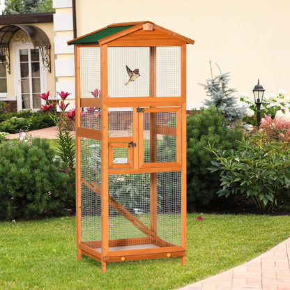 PawHut Wooden Bird Aviary Cages Outdoor Finches Birdcage with Pull Out Tray 2 Doors, Orange