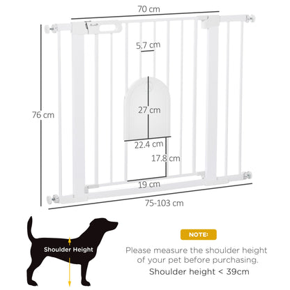 PawHut Dog Gate with Cat Flap Pet Safety Gate Barrier, Stair Pressure Fit, Auto Close, Double Locking, for Doorways, Hallways, 75-103 cm White