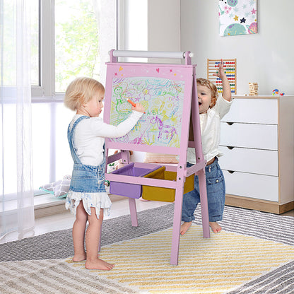 HOMCOM Kids Easel 3 w 1 Drewniana tablica artystyczna z rolką papieru, dwustronna tablica kredowa i biała z koszami do przechowywania dla małych dziewczynek, różowa