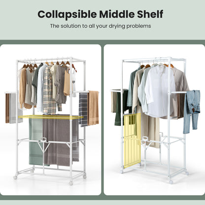 H-shaped Clothes Drying Rack Collapsible with Detachable Middle Shelf-White