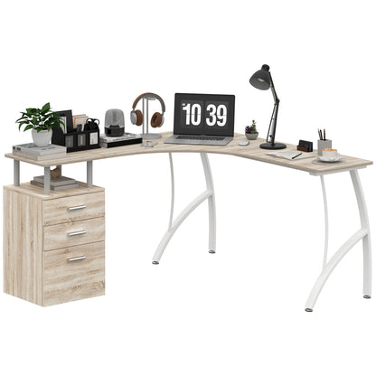 HOMCOM L-kształtny stół komputerowy z szufladą do przechowywania, biurko do domowego biura narożne w stylu industrialnym na pliki A4 143,5 x 143,5 x 76 cm, dąb