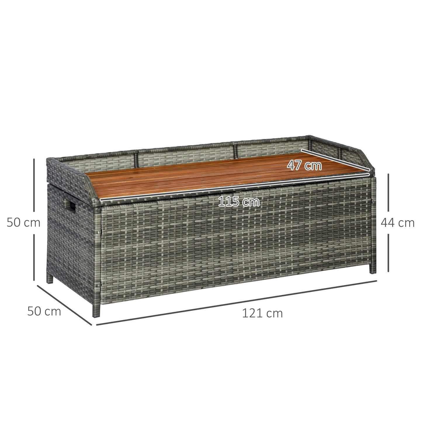 Outsunny Patio Wicker Storage Bench Box, Outdoor Garden PE Rattan Pool Storage Deck Bin Box z blatem z naturalnego drewna, pokrywką, idealny do przechowywania narzędzi, akcesoriów i zabawek, mieszany szary