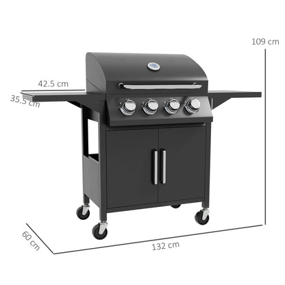 Outsunny 4-palnikowy grill gazowy, przenośny wózek do grillowania na zewnątrz z rusztem do podgrzewania, półkami bocznymi, szafką do przechowywania, termometrem