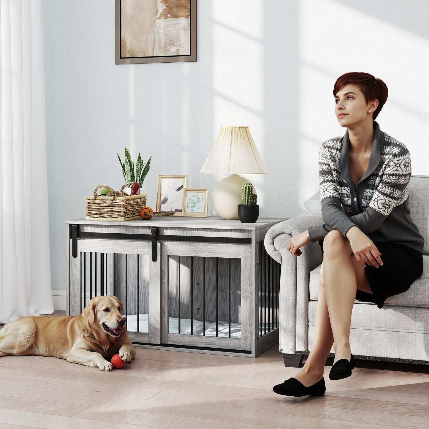 PawHut 98cm Dog Crate Furniture with Removable Cushion for Large Dogs - Grey