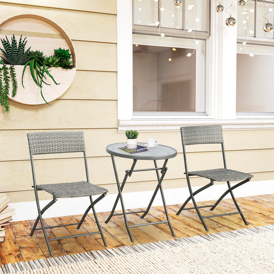 Outsunny 3-częściowy zestaw bistro z rattanu, składany zestaw mebli ogrodowych z wikliny ze szklanym blatem, stolikiem kawowym i krzesłami na zewnątrz, patio, balkon, szary