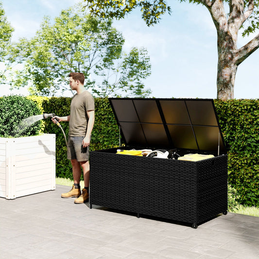Outsunny 650L Garden Storage Box with 2 Wheels, Rattan Deck Box with Waterproof Zipped Liner, Safe Pneumatic Rods, Black