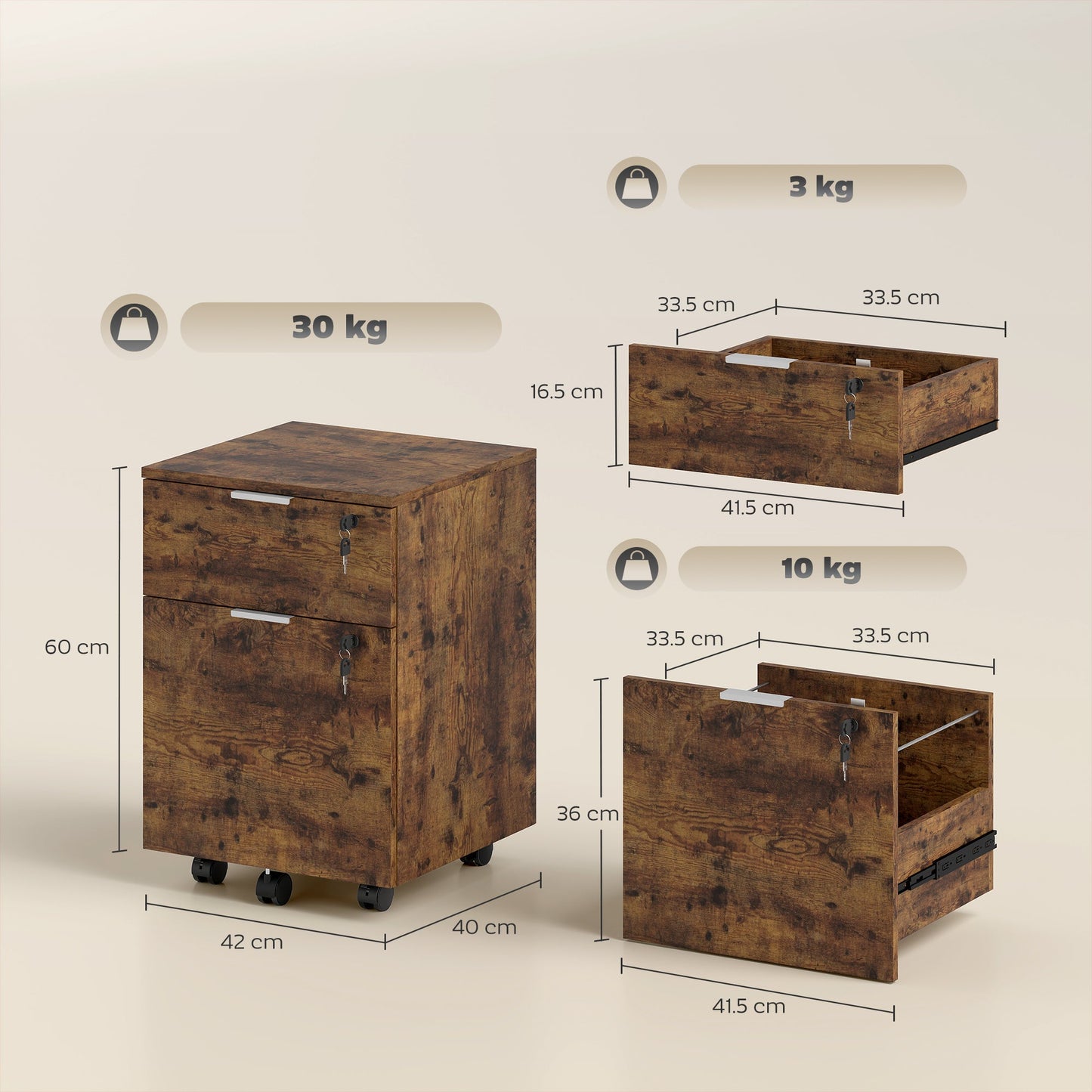 HOMCOM Two-Drawer Lockable Filing Cabinet - Black and Rustic Brown