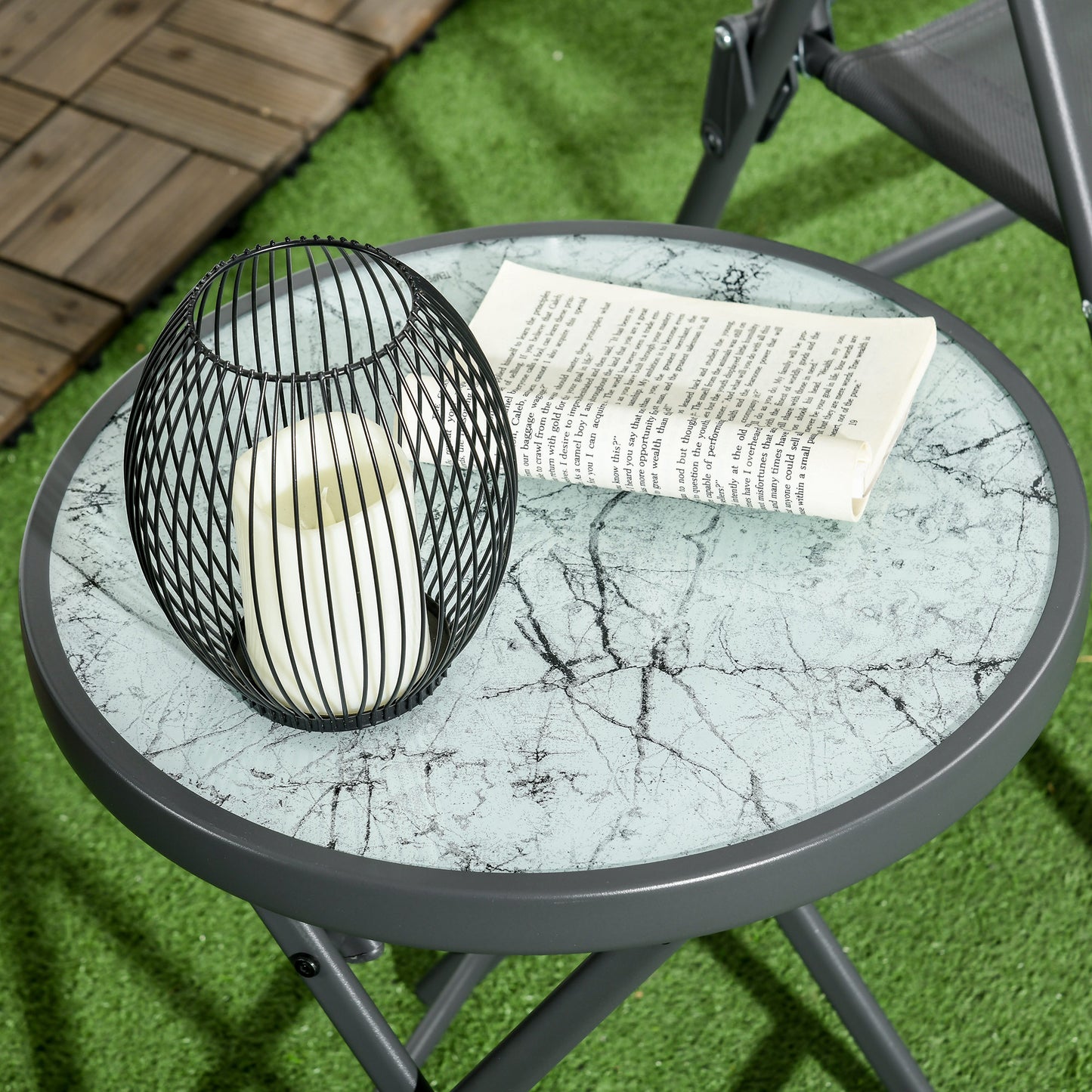 Outsunny â45cm Garden Side Table, Outdoor Round Folding Patio Table with Imitation Marble Glass Top, Small Coffee Table, White