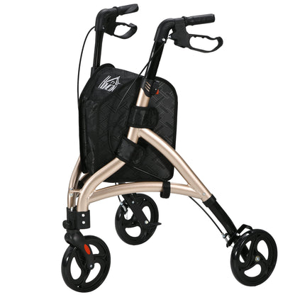 3 Wheel Rollator, Lightweight Aluminium Tri Walker with Adjustable Handle, Storage Bag and Dual Brakes, Folding Mobility Walking Aid for Elderly, Handicapped, 5.3kg, Gold Tone