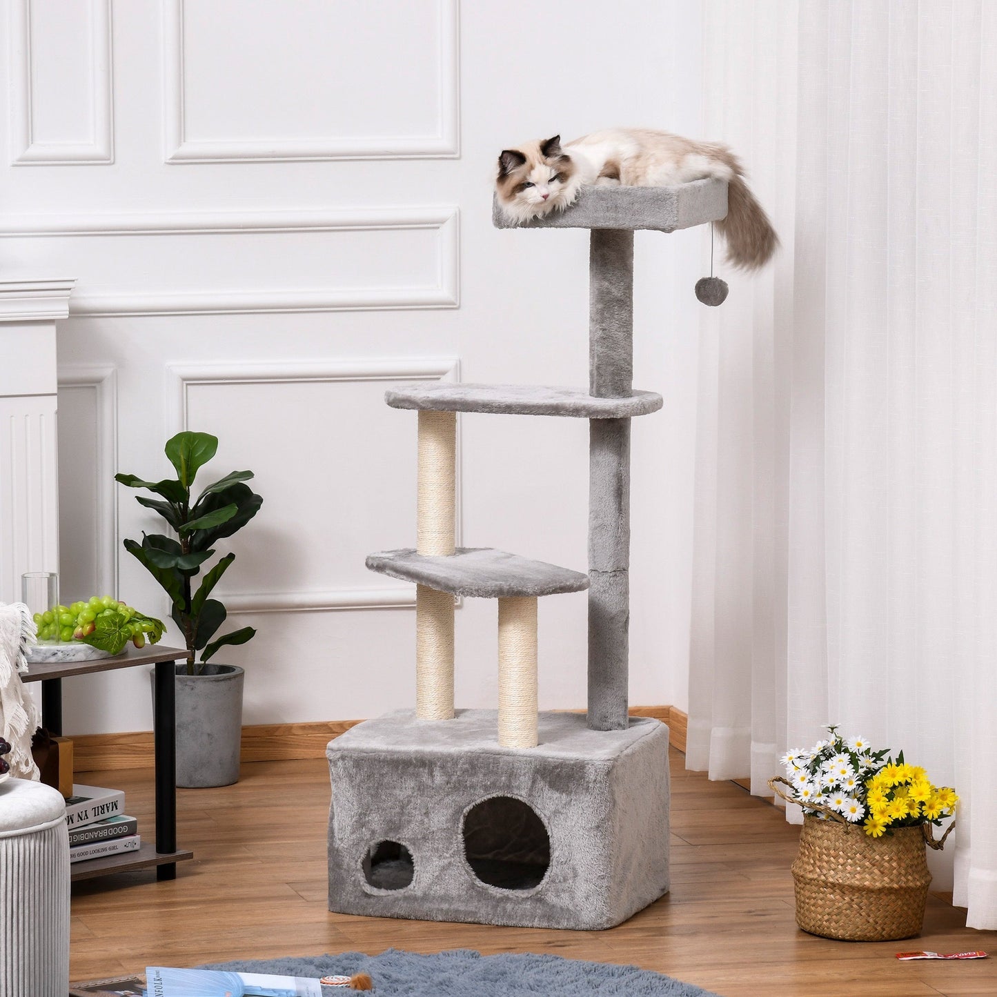 PawHut Cat Tree Kitten Tower مركز أنشطة من 4 مستويات أثاث للحيوانات الأليفة مع عمود خدش من السيزال، مجثمات قطيفة معلقة، ألعاب كروية باللون الرمادي