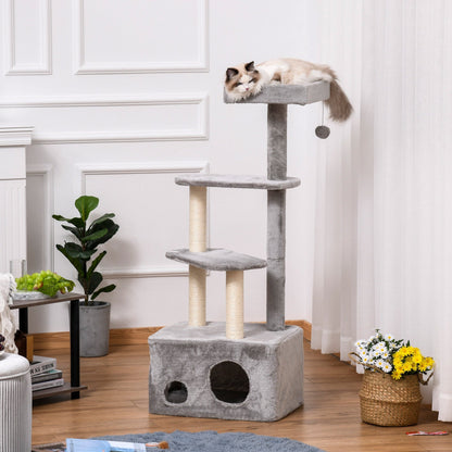 PawHut Cat Tree Kitten Tower مركز أنشطة من 4 مستويات أثاث للحيوانات الأليفة مع عمود خدش من السيزال، مجثمات قطيفة معلقة، ألعاب كروية باللون الرمادي