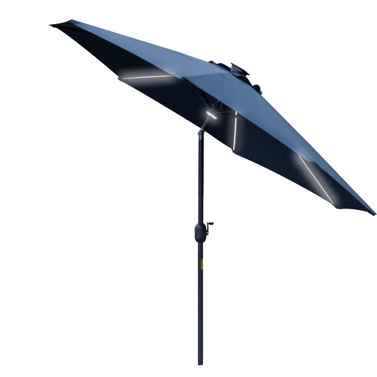 Outsunny 2.7m Garden Parasol Sun Umbrella Patio Summer Shelter w/ LED Solar Light, Angled Canopy, Vent, Crank Tilt, Blue