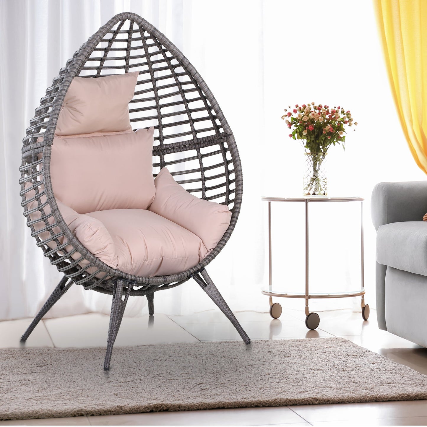 Outsunny Garden Egg Chair, łezkowaty zewnętrzny fotel rattanowy PE z miękką, wyściełaną poduszką na całej powierzchni, szary