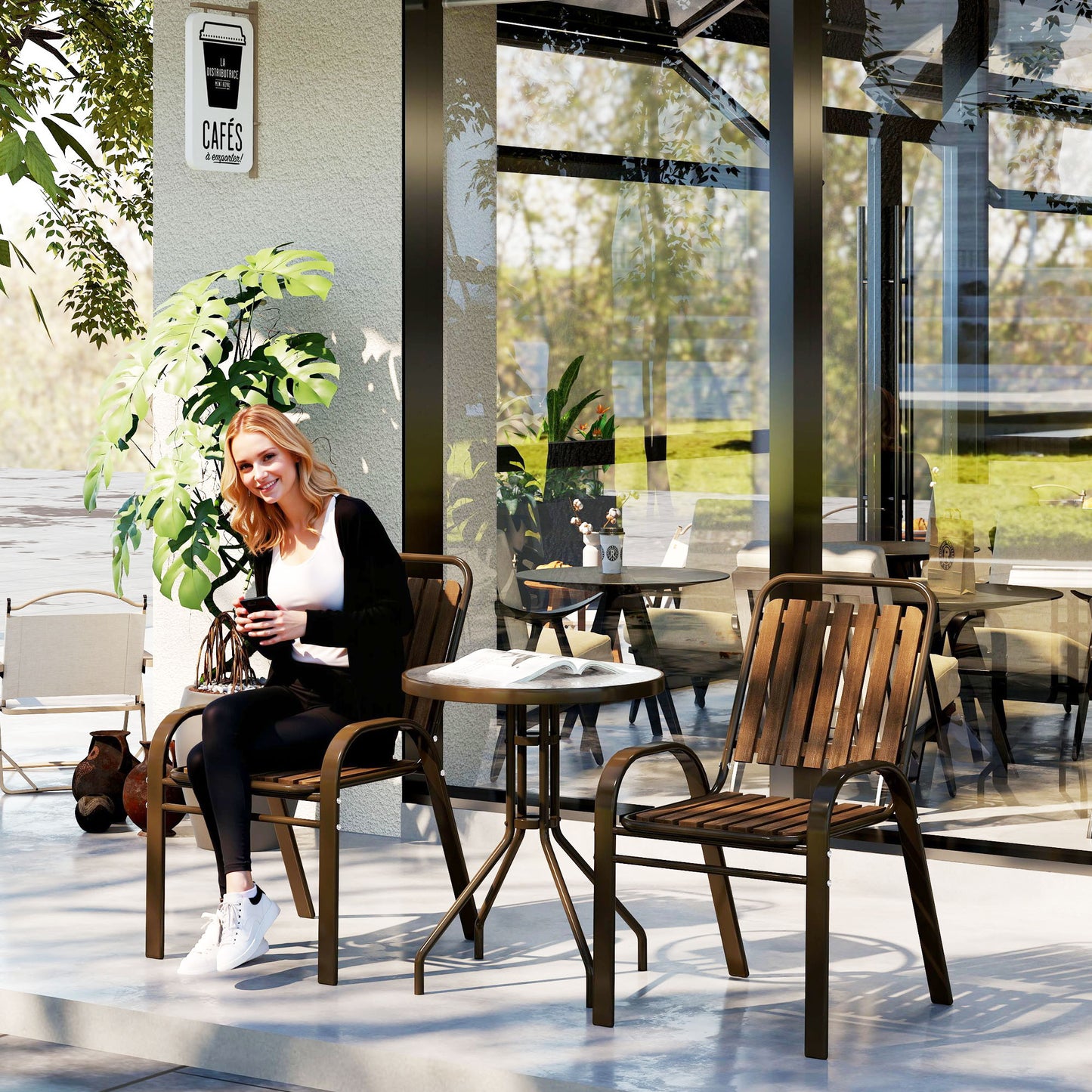 Outsunny 3-częściowy zestaw ogrodowy Bistro z krzesłami składanymi, stół ze szkła hartowanego, na zewnątrz, balkon, patio, ogród, ciemny brąz