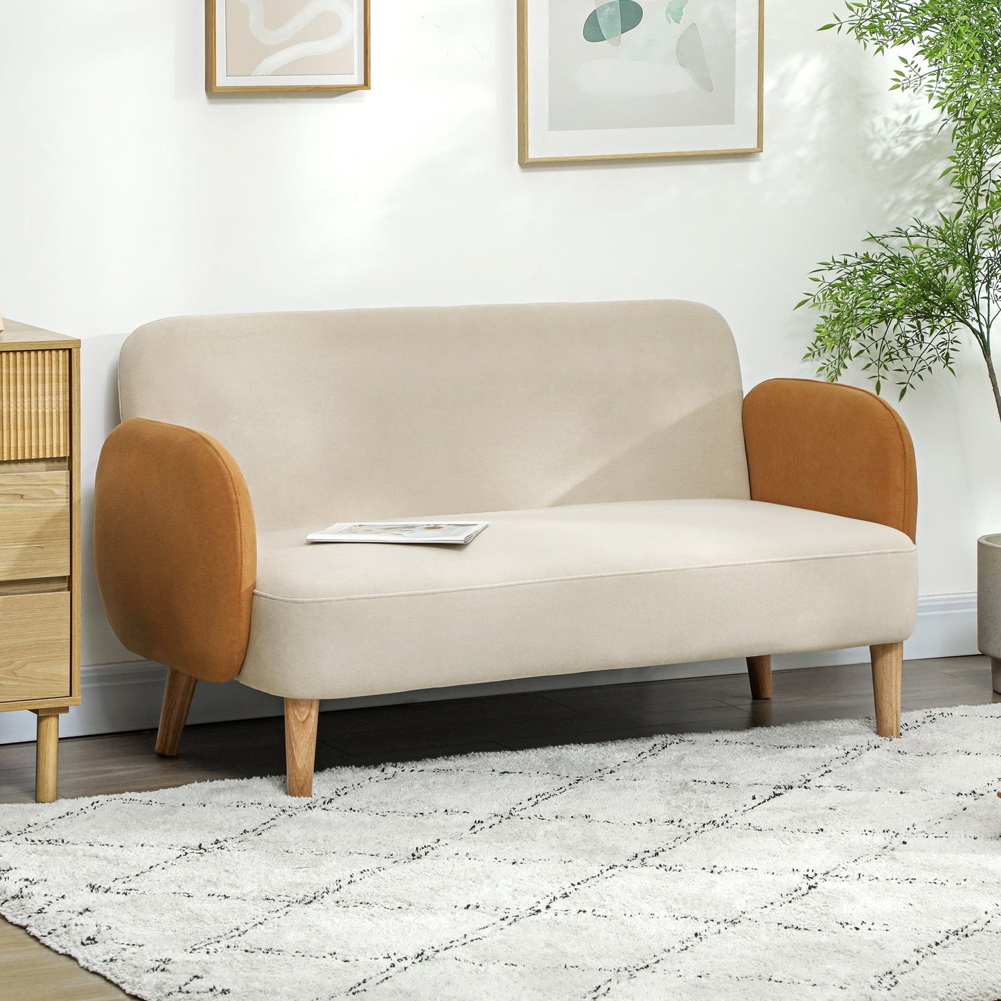 Dwuosobowa sofa HOMCOM w stylu mid-century z aksamitu – kremowo-pomarańczowa