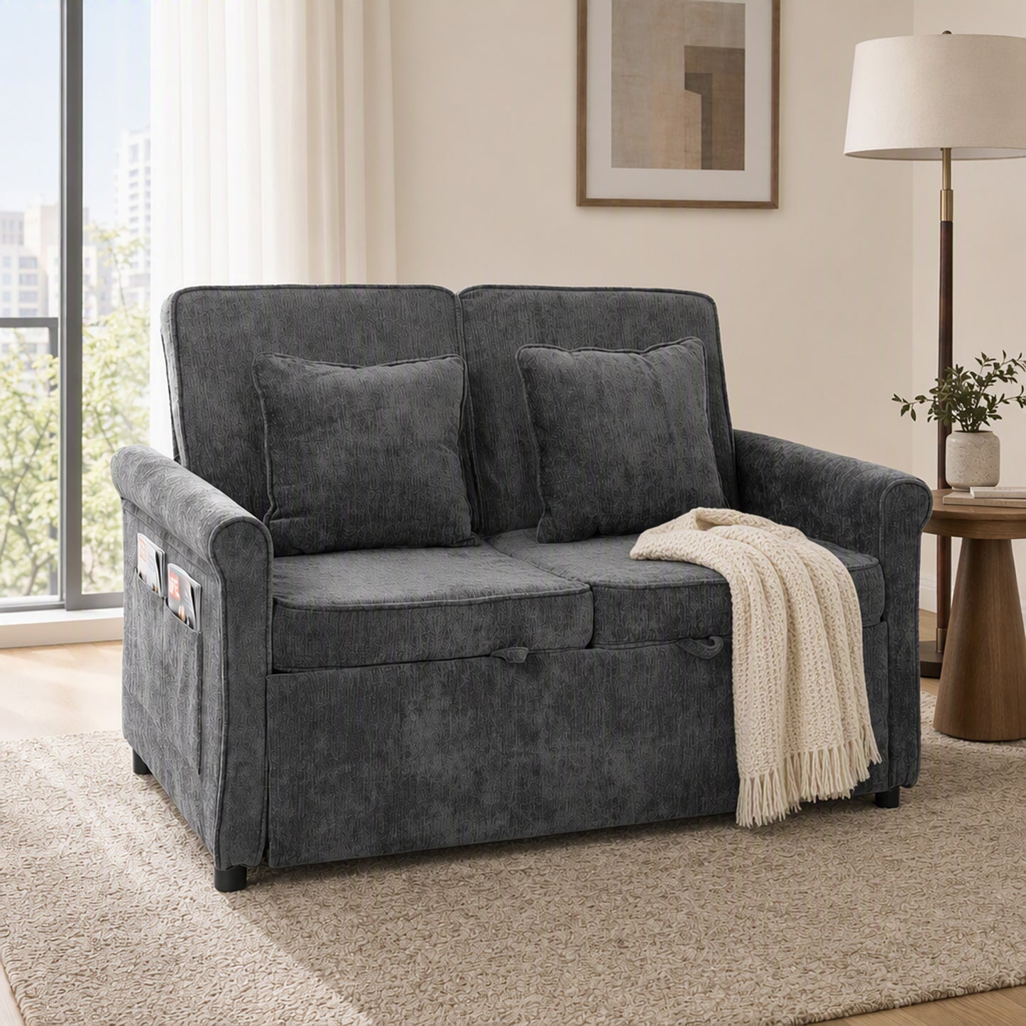 HOMCOM 2 Seater Sofa Bed 3-in-1 Convertible Chenille Pull Out Sleeper Sofa with 5-Position Adjustable Backrest, Grey