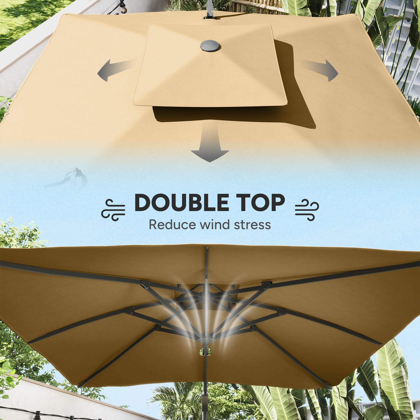Parasol ogrodowy Outsunny, 3 m, wspornikowy, z mechanizmem hydraulicznym, góra z podwójnym otworem wentylacyjnym, 8 żeber, podstawa krzyżowa, kolor khaki