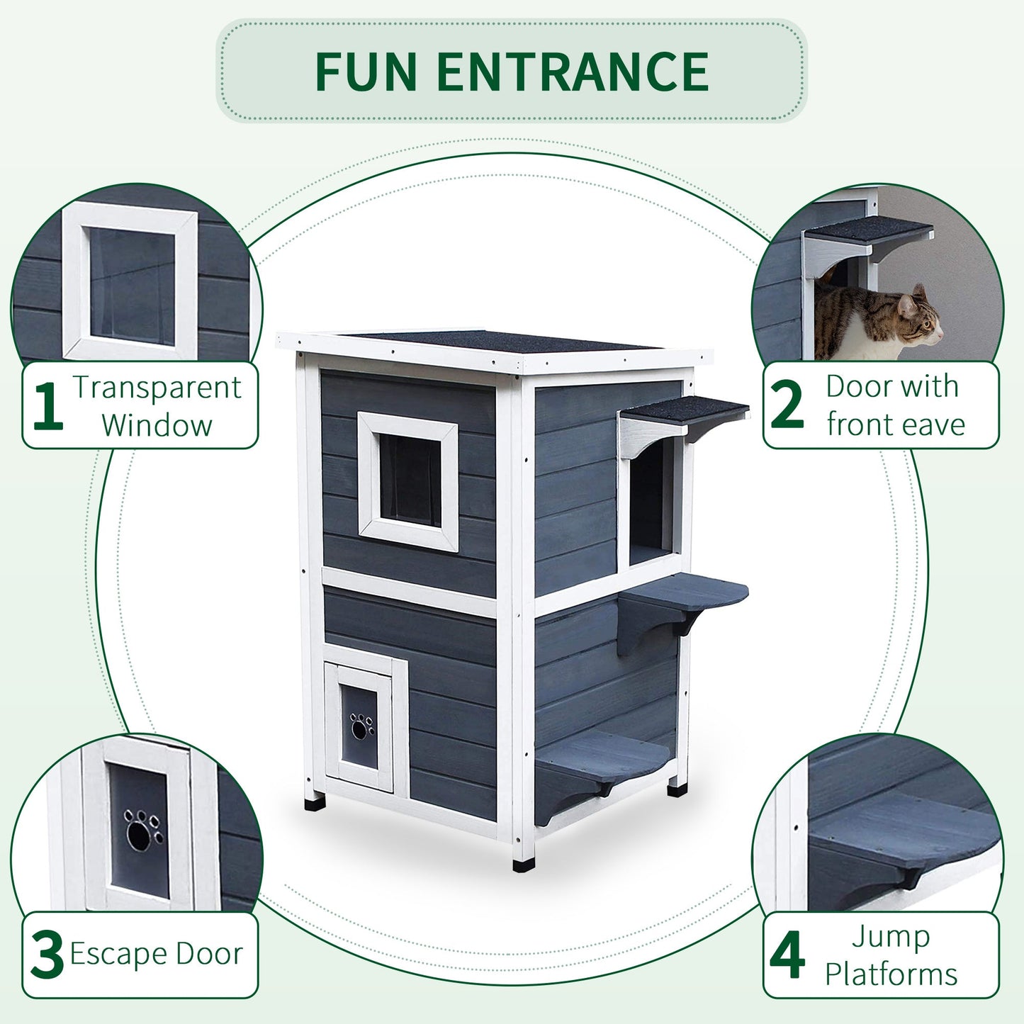 PawHut Wooden Cat House 2-Floor Outdoor Kitten Shelter with Window Grey