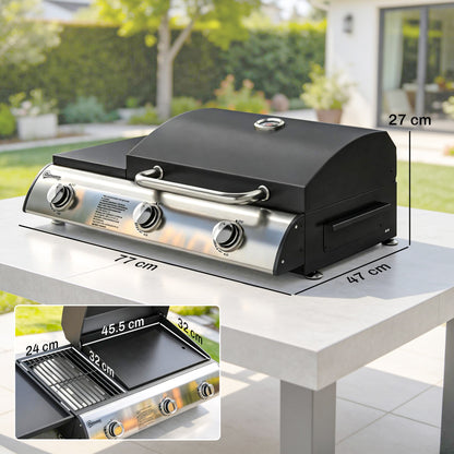 Outsunny 3 Burner Portable Gas Plancha BBQ Grill, 7.5 kW Outdoor Tabletop Gas Barbecue Grill with Griddle, Thermometer,, Black