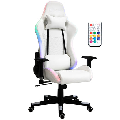 Vinsetto Gaming Chair with RGB LED Light, 2D Arm, Lumbar Support, Height Adjustable Swivel Office Computer Recliner, Racing Gamer Desk Chair for Home, White