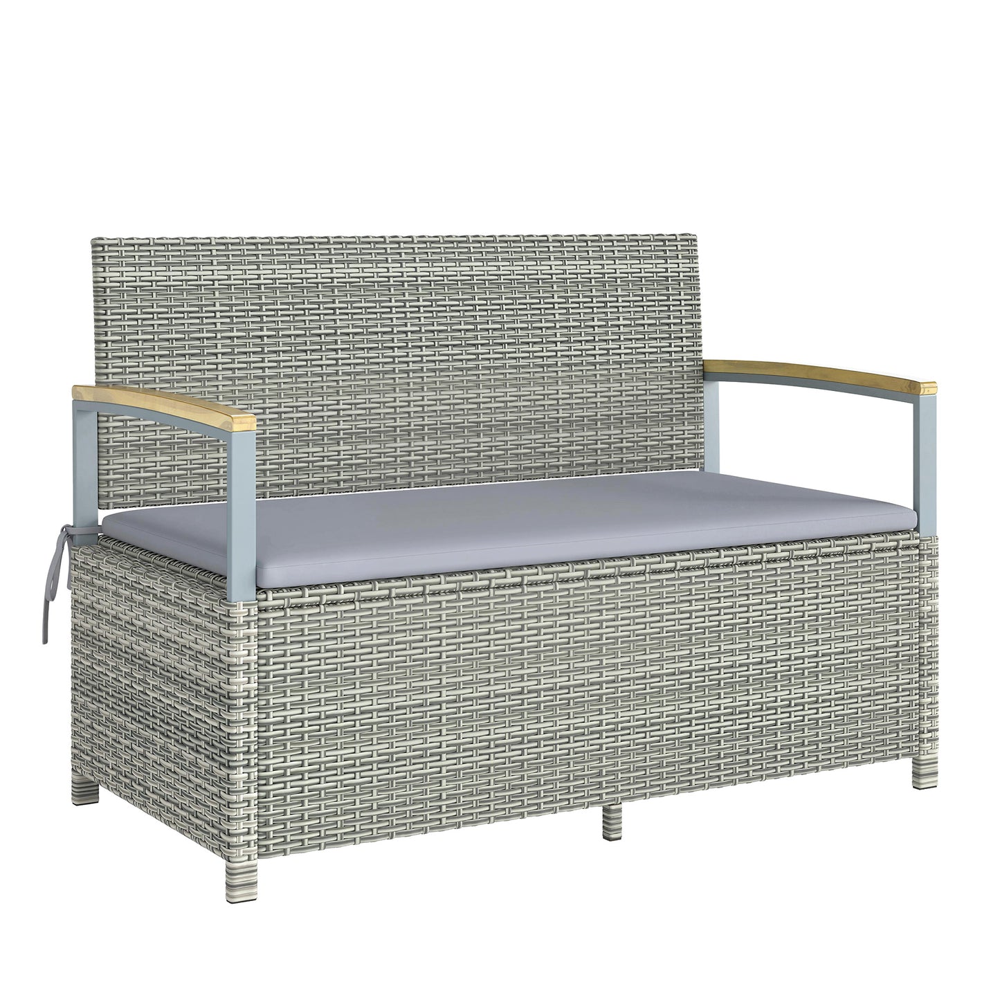 Outsunny 144 L Garden Storage Bench with Zipped Liner, 2 Seater Rattan Garden Bench with Storage, Gas Strut, Cushion, Light Grey