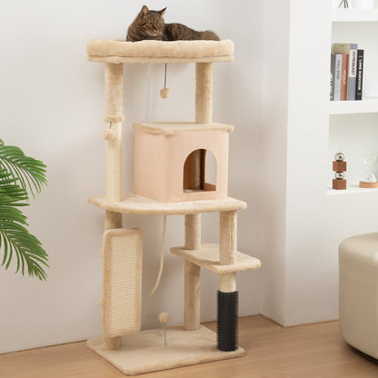 PawHut 132cm Cat Tree w/ Scratching Posts, Pad, Cat Bed, Cat House, Jumping Platform, Grooming Brush, Anti-Tip Kit, Beige