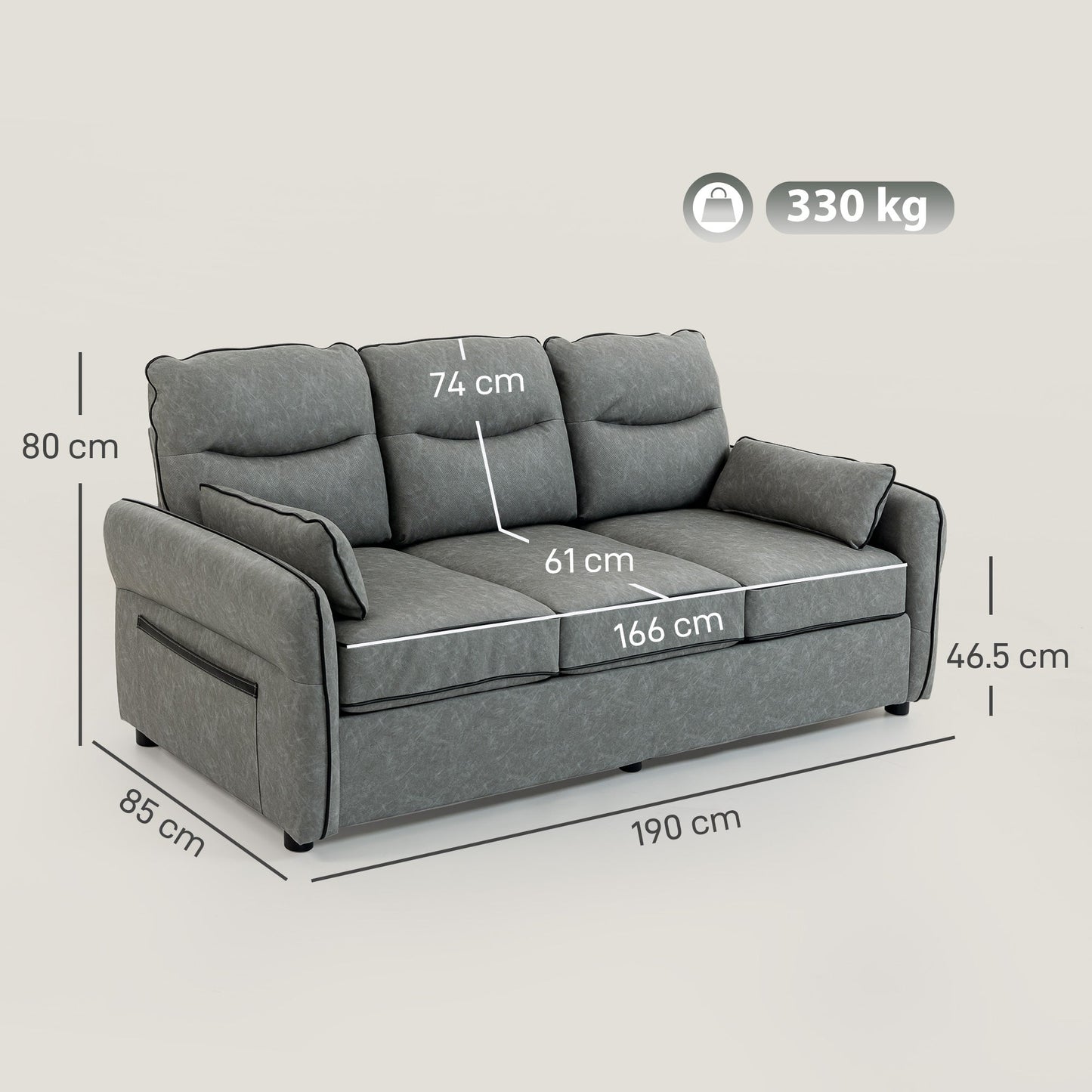 HOMCOM 3 Seater Sofa, Faux Leather Couch - Grey