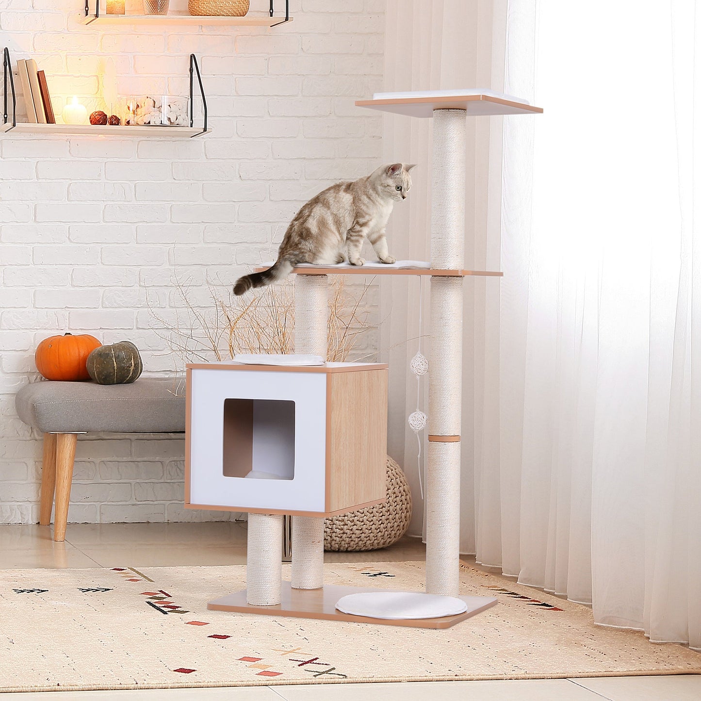 PawHut Cat Tree Wooden Cat Scratching Post for Indoor Cats Kitten House Condo Activity Center w/ Cushion Hanging Toy Multi-level