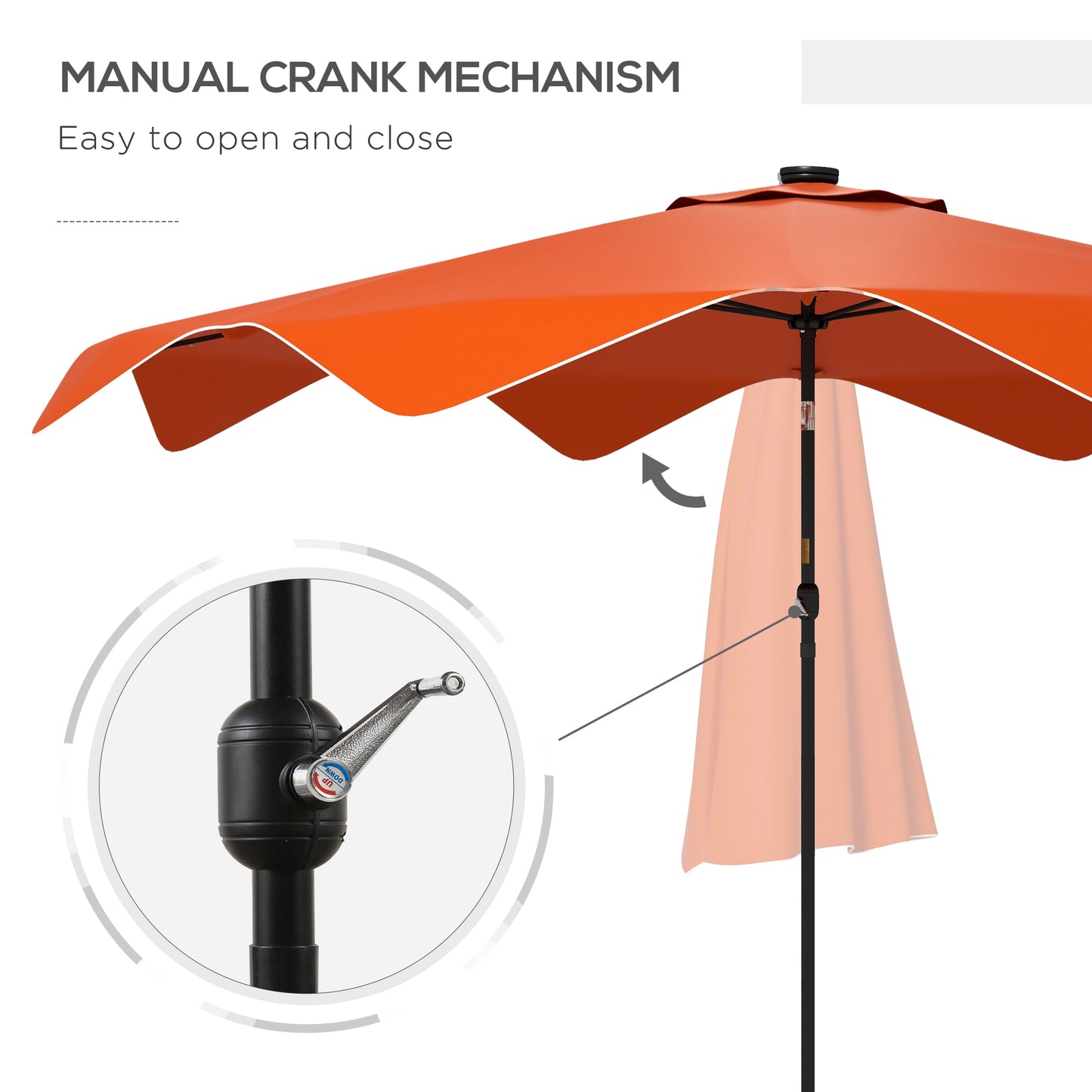 Parasol tarasowy solarny Outsunny z diodami LED i funkcją pochylania, parasol ogrodowy z korbą, 3 x 3 (m), pomarańczowy
