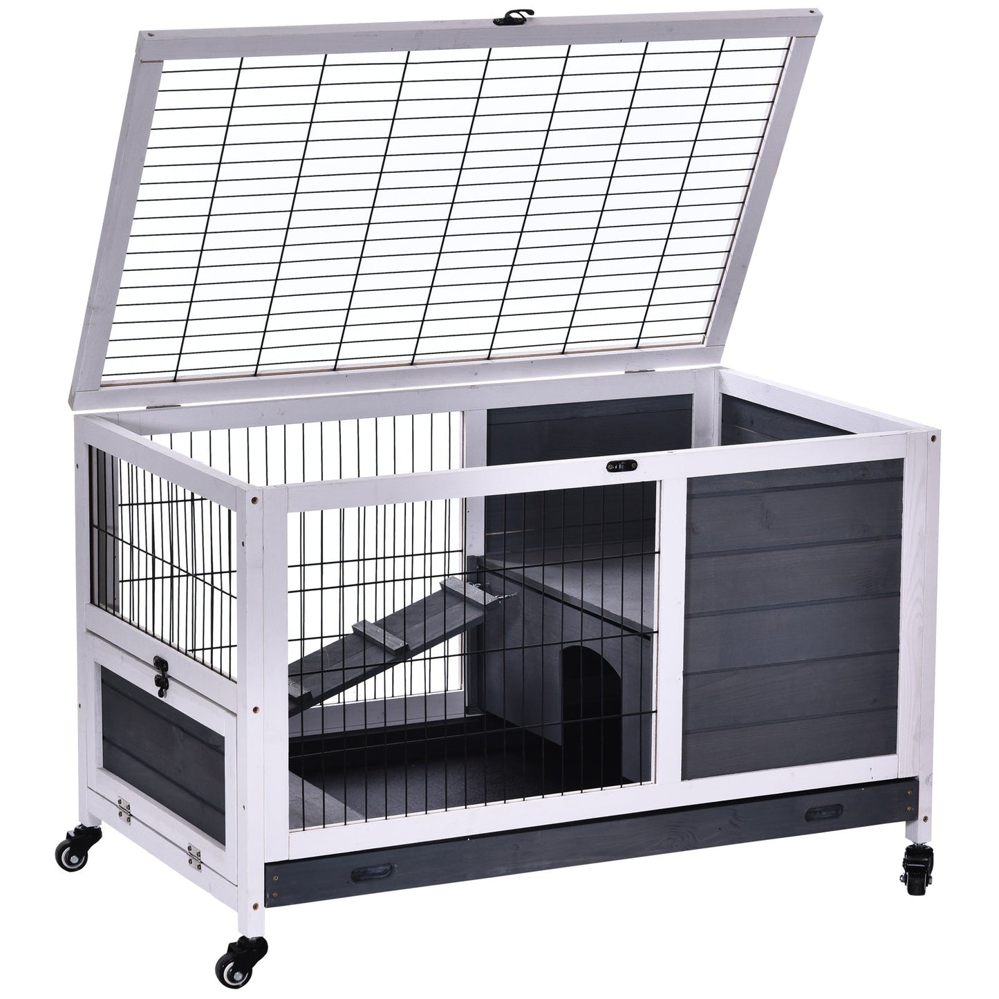 PawHut Rabbit Home Indoor Fir Wood Lift-Top Hutch Grey