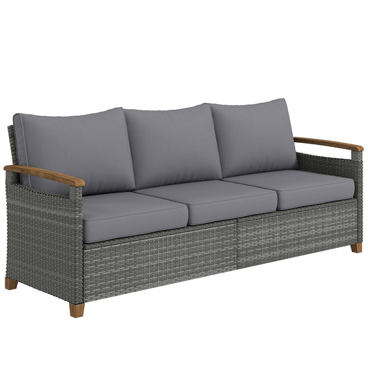Outsunny 3 Seater Rattan Garden Sofa, PE Wicker Outdoor Sofa Wide Deep Seat, 4" Cushions, Wood-Effect Armrests Legs, Dark Grey