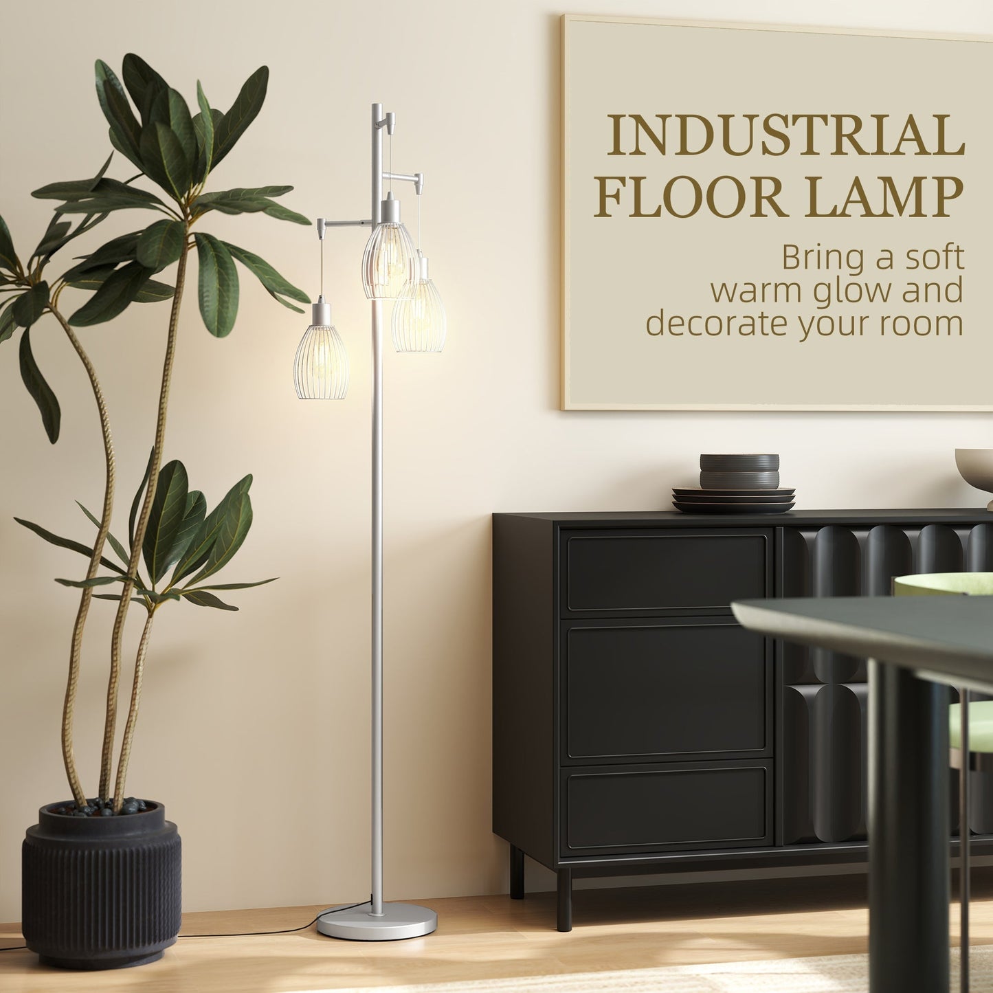 HOMCOM 3-Light Floor Lamp, 170cm Industrial Dimmable Standing Lamp with Steel Wire Cage Lampshades for Living Room, Bedroom, Dining Room, Study, Silver Tone