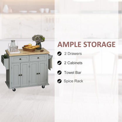 HOMCOM Rolling Kitchen Island Storage Trolley with Rubber Wood Top & Drawers for Dining Room, Grey