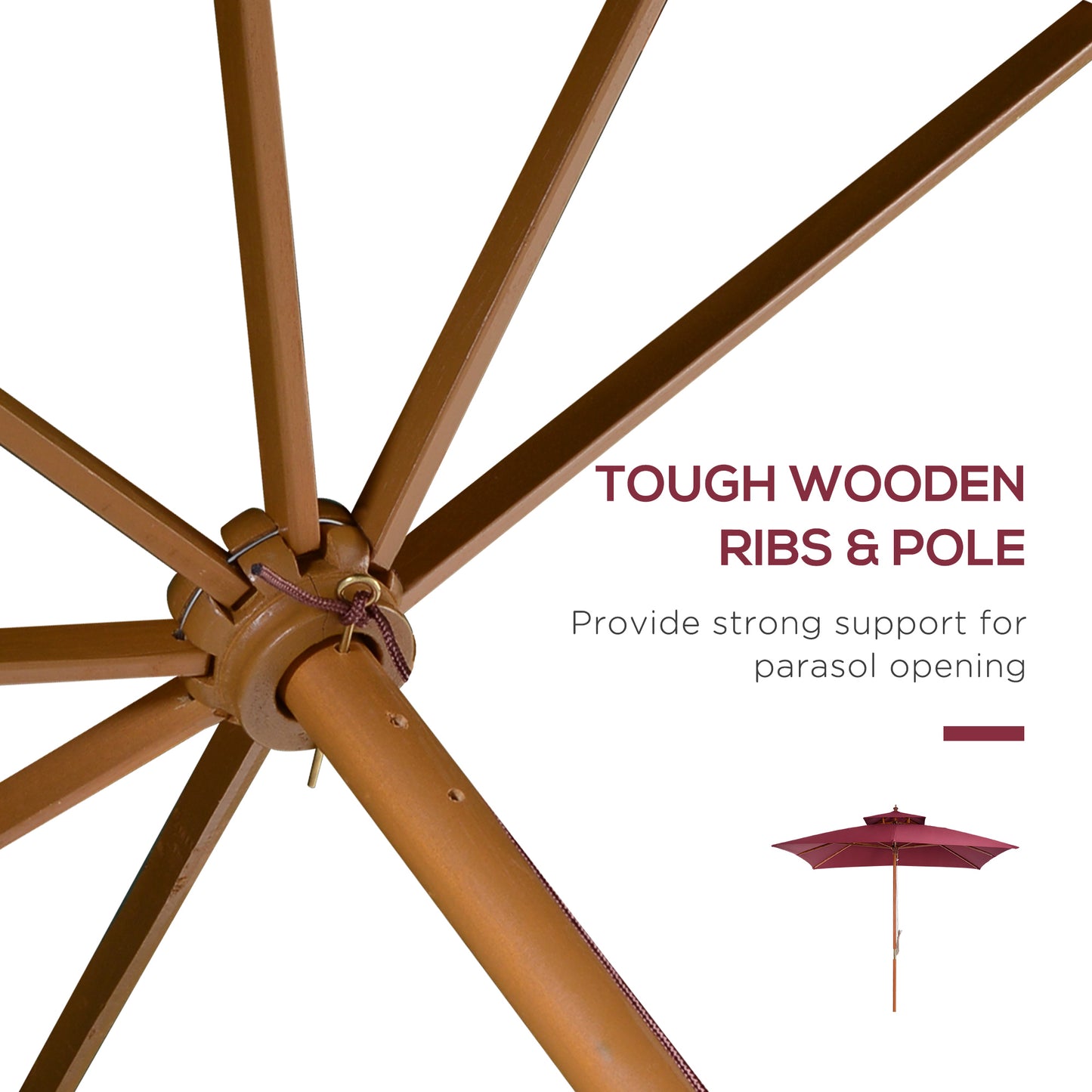 Outsunny 3 x 3(M) Parasol ogrodowy Parasol przeciwsłoneczny, zewnętrzny drewniany parasol z podwójnym baldachimem, bordowy