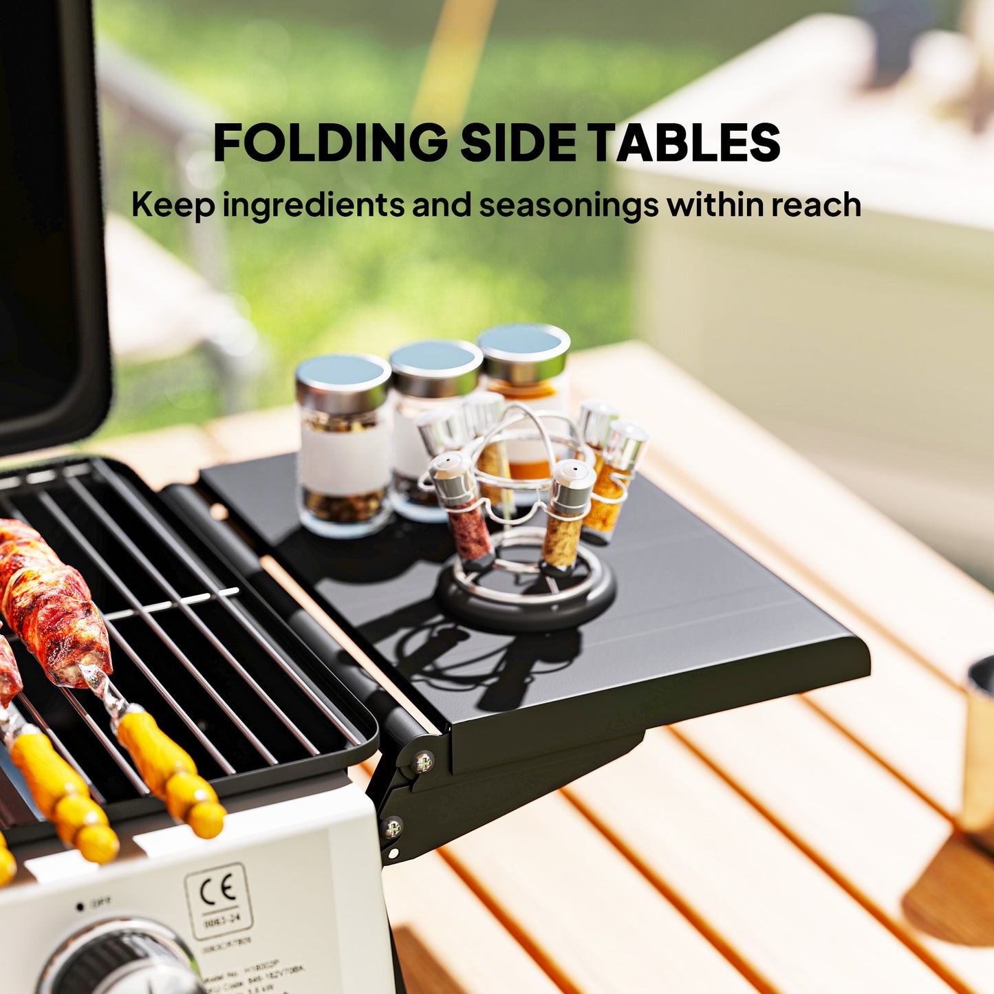 Grill gazowy Outsunny z 2 palnikami i składanymi stolikami bocznymi, przenośny, stołowy grill gazowy z wbudowanym termometrem, pokrywką i tacką na tłuszcz do grillowania w ogrodzie, na pikniku, kempingu i na świeżym powietrzu, moc 5,6 kW, kolor czarny