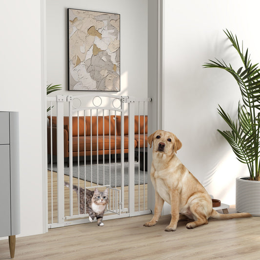 PawHut 106cm Tall Dog Gate with Cat Door, 7cm and 14cm Extensions, for Stairs, Doorways, 76-104cm Width