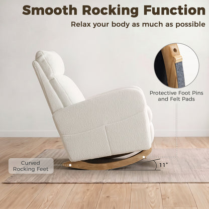 HOMCOM Sherpa Fleece Upholstered Armchair with Side Pockets & Solid Wood Legs, High Back Lounge Chair for Bedroom, Cream White