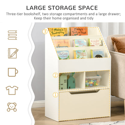 HOMCOM Kids Bookshelf, Toy Organiser, with Storage Drawer, Wheels - White
