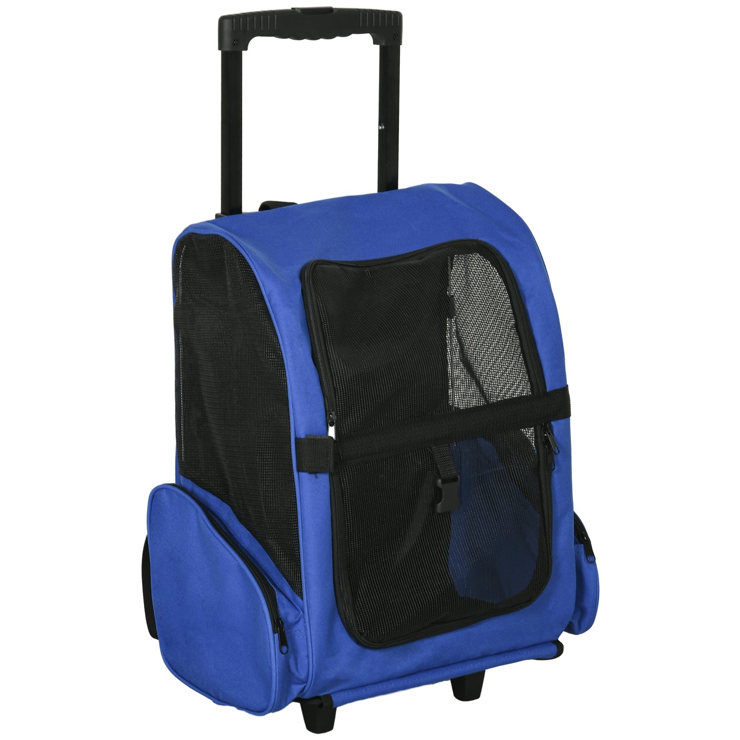 PawHut Pet Travel Backpack Bag Cat Puppy Dog Carrier w/ Trolley and Telescopic Handle Portable Stroller Wheel Luggage Bag (Blue)