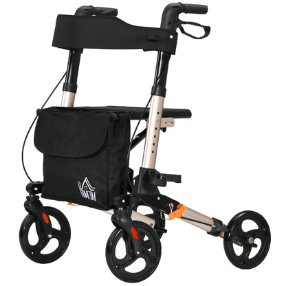 4 Wheel Rollator with Seat and Back, Folding Mobility Walker with Carry Bag, Adjustable Height, Dual Brakes, Cane Holder, Lightweight Aluminium Walking Frame for Seniors and Disabled, Gold Tone