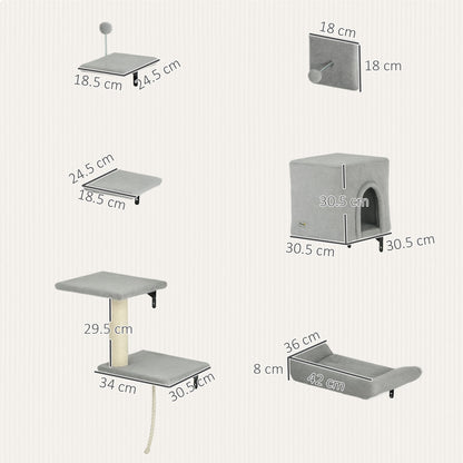 PawHut 6-Piece Cat Wall Shelves Set with Condo, Cat Wall Furniture with Platforms, Sisal Scratching Post, Bed, Toy Ball, Grey
